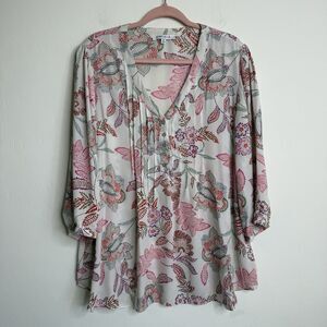 Rose + Olive Womens Art To Wear Floral V Neck Career Top Size 2X Artsy Boho